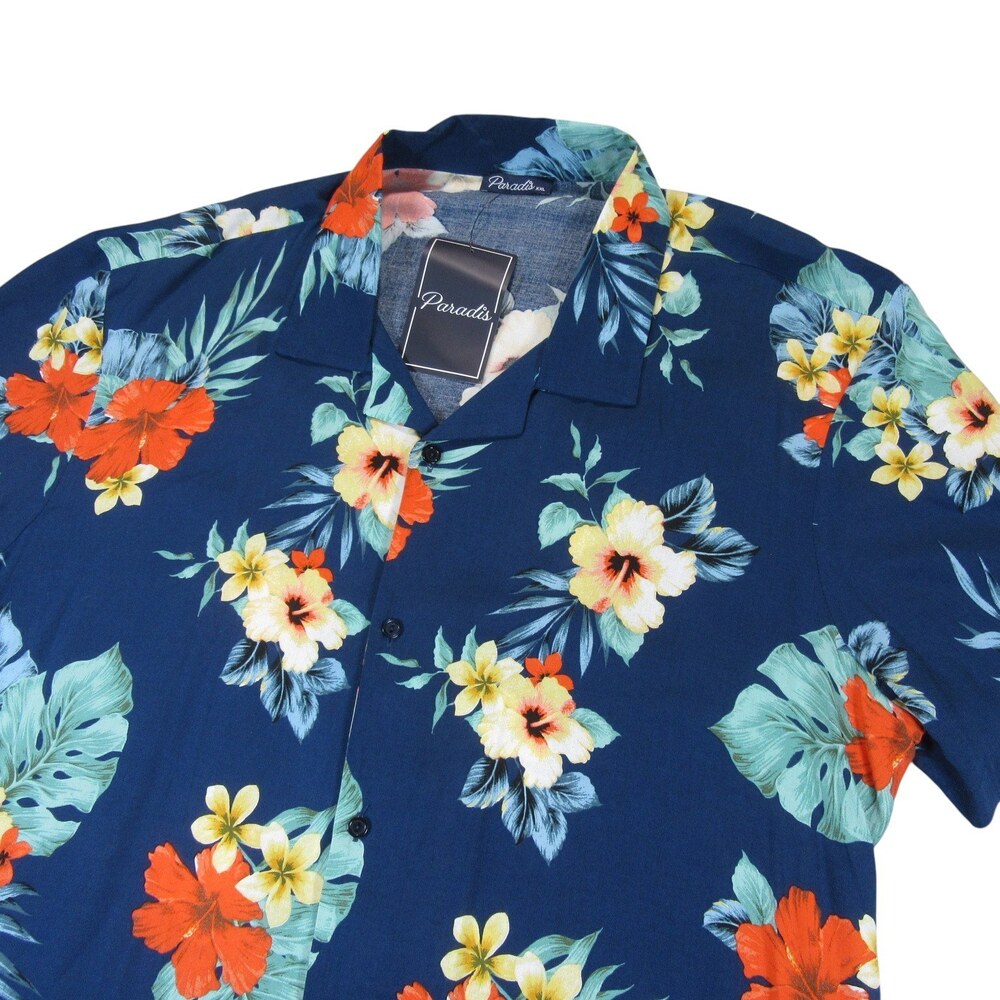 New Paradis Mens Resort Shirt 2XL Navy Blue Floral 100% Viscose Morocco Tropical